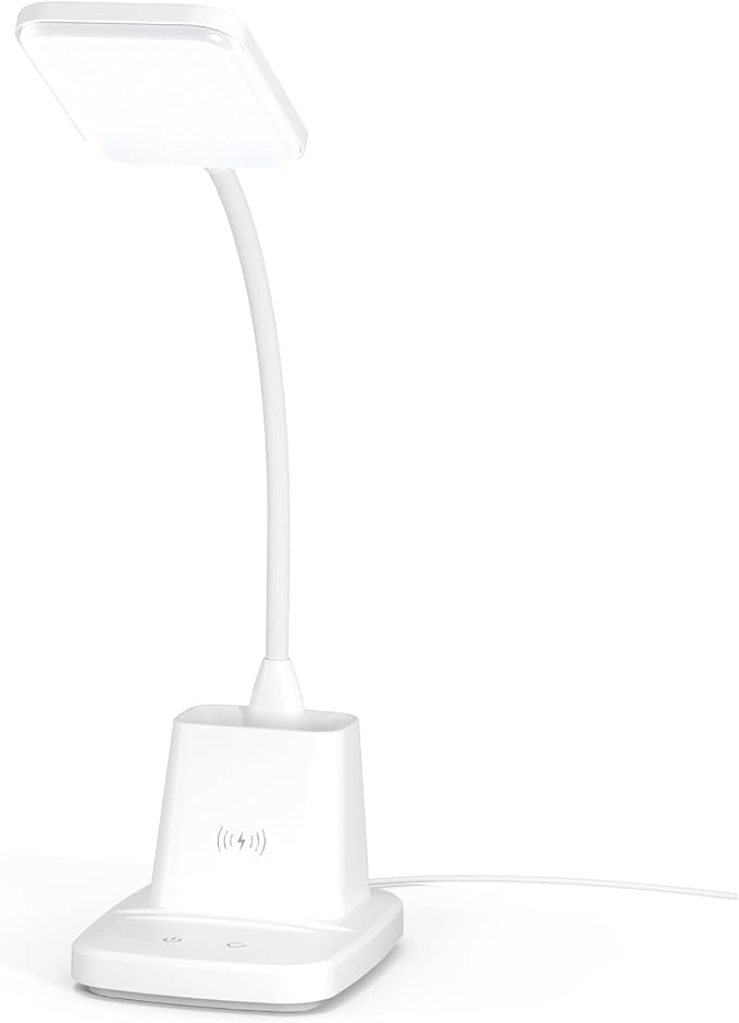 Upgraded LED Desk Lamp with Wireless Charger, White Small Desk Light with Pen Holder, 3 Color Modes, CRI 85, 800 Lumen, Study Lamps for College Dorm Room, Home Office, Adapter Included