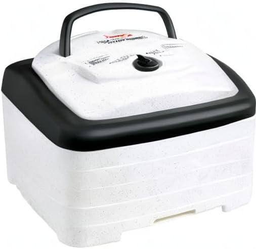 NESCO FD‑80A Square Food Dehydrator for Snacks, Fruit, Beef Jerky, 4‑Tray White Electric Dehydrator with Even Heat Drying