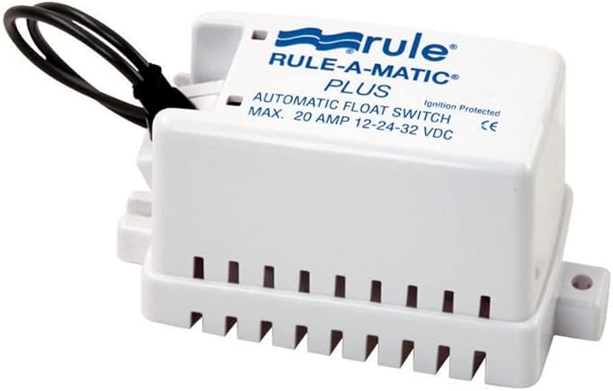 Rule 02, Bilge Pump, 1500 GPH, Non-Automatic, 12 Volt & 40A -A-Matic Plus Bilge Pump Float Switch, 12, 24 or 32 Volt, Moisture Tight Seals, White, Small