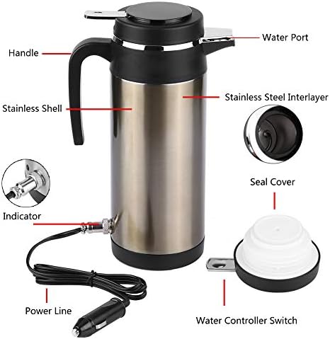 Electric Car Kettle, 1200ML 12V Stainless Steel Electric Incar Heater, Portable Travel for Coffee, Tea, Water, Milk, On-the-Go Coffee Heater, Perfect for Drivers, RV Camping, Office Use, Compact and