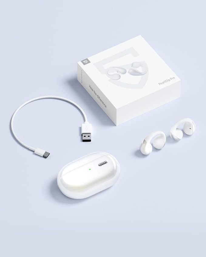 SoundPEATS PearlClip Pro Open Ear Earbuds, All-Day Comfortable Fit for Work & Commute, 24H Playtime, Dual Connection, HD Voice, Fast Charge, Bluetooth 6.0 - White