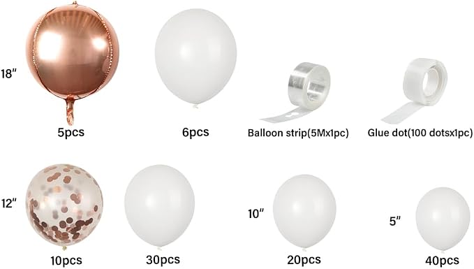 Restaurantware-Balloonify Balloon Garland Set, 1 Party Decoration Kit - 111 Balloons, With Chain, White & Rose Gold Latex Balloon Arch Kit, Includes Glue Dots