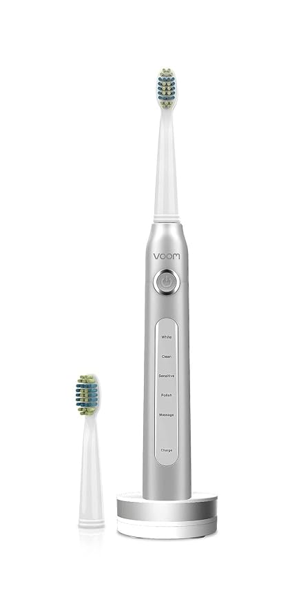 Voom Sonic Electric Toothbrush – Bathroom Essentials & Travel Essentials – Ultrasonic Electric Toothbrush for Adults – USB Rechargeable 40,000 Strokes/Minute – 5 Speeds – Pro 5 Series (Silver)