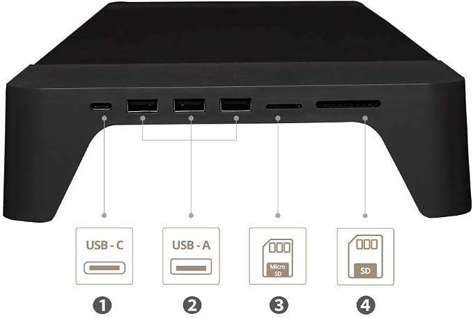POUT E8 Wood Desk Monitor Computer Stand Riser Shelf + USB HUB + Qi Fast Wireless Charging Charger Pad Mat for Laptop, Apple, iMac, PC, iPhone, Samsung Galaxy, Airpod 2, Buds (Black)