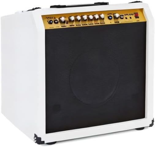 LyxPro 60 Watt Electric Guitar Amplifier | Combo Solid State Studio & Stage Amp with 10” 4-Ohm Speaker, Custom EQ Controls, Drive, Delay, ¼” Passive/Active/Mic Inputs, Aux In & Headphone Jack - White