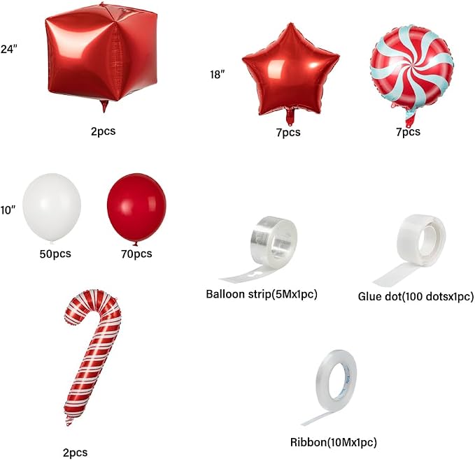 Restaurantware-Balloonify Christmas Balloon Arch Kit, 1 Holiday Decoration Kit - 138 Balloons, With Chain, Red And White Latex Balloon Arch Kit, Includes Glue Dots, Ribbon, Knot