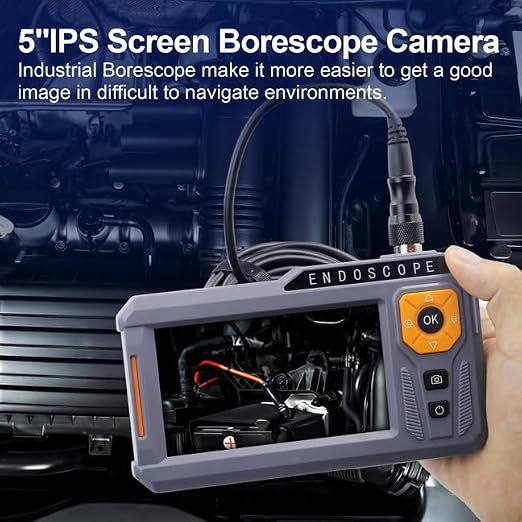 Dual Lens Endoscope Camera with Light, 5‘’ IPS Screen Borescope Inspection Camera with 32GB Card, Photo/Video Recording Snake Camera, Waterproof Semi-Rigid Cable for Automotive Plumbing Drain Wall | 5-Inch Dual Lens Endoscope Camera suitable for mechan...