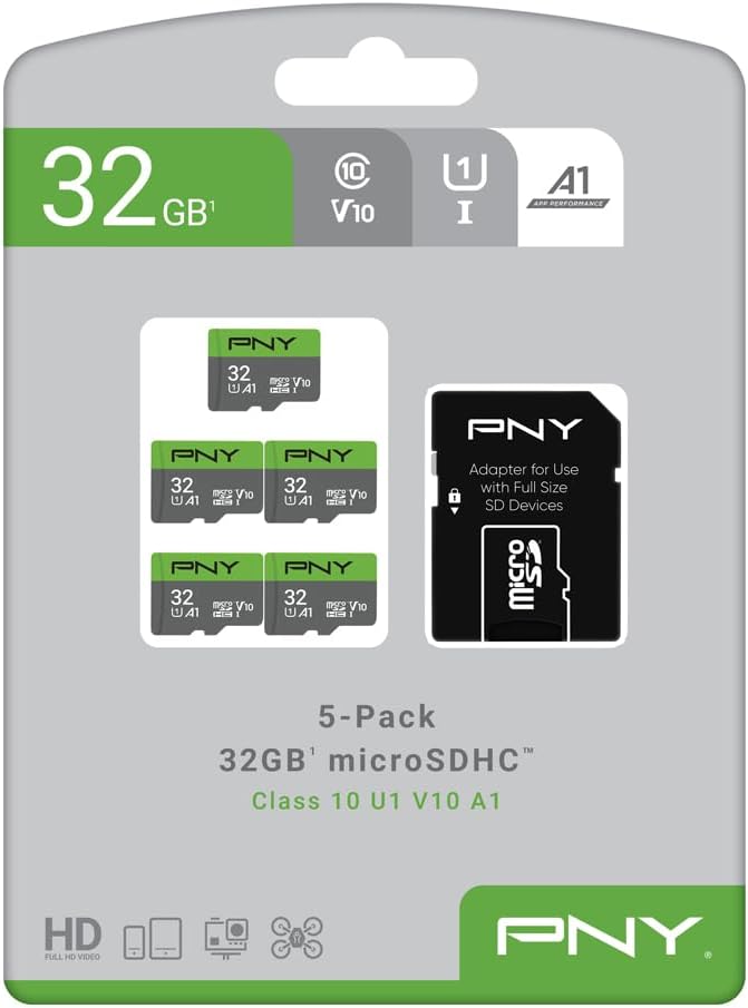 PNY 32GB Class 10 U1 V10 A1 microSDHC™ Flash Memory Card – Quick Read Speeds, UHS-I, Continuous Full HD Photo, HD Video, Fast Everyday Performance, for Tablets, Drones, Cameras, 5-Pack