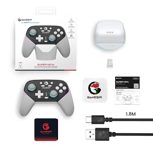GameSir Super Nova Wireless Gaming Controller for PC/Switch/iOS/Android, Hall Effect Stick & Trigger, RGB Lighting, Swappable ABXY, Detachable Faceplate, 1000mAh with Charging Dock - Black&White”