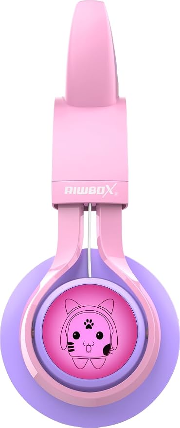 Riwbox Kids Headphones, CT-7S Cat Ear Bluetooth Headphones with LED Light, 85dB Volume Limiting, Over Ear with Microphone for Laptop/PC/TV (Pink&Purple)