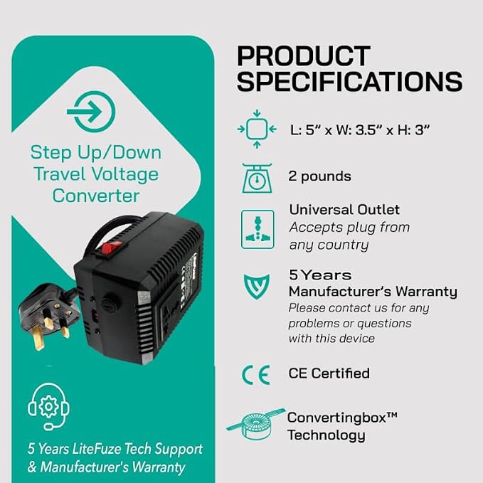 LiteFuze 300 Watt Step Up/Step Down Travel Voltage Converter, 220/110v to 110/220v converter with Type B Plug - Compatible with Hair Straightener, Camera, Laptop & More