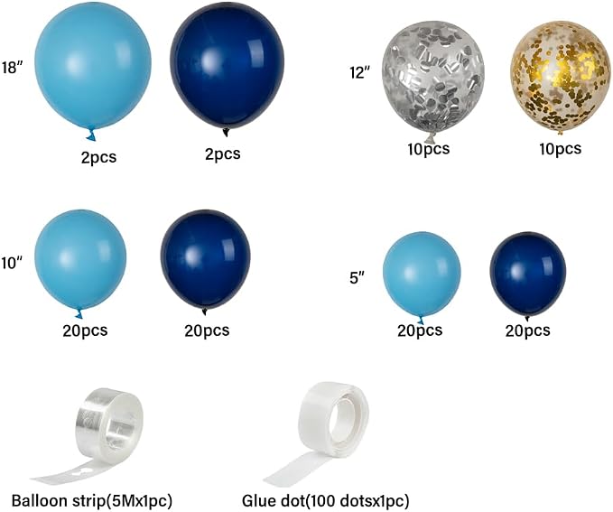 Restaurantware Balloon Arch Kit 104 Balloons, Strip, Glue Dot Balloon Decoration Set DIY Navy and Sky Blue Bottle Garland Assorted Colors for Party Decorations