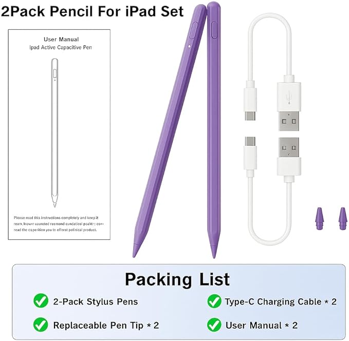 Stylus Pen for iPad 11th/10th 2018-2025,2Pack Apple Pen Palm Rejection Tilt Sensitivity Pixel Perfect for Apple iPad A16/11/10/9/8/7/6th,Pro 12.9"/11"/13" M5/M4,Air M3/M2/5/4/3,Mini A17/5/6th-Purple