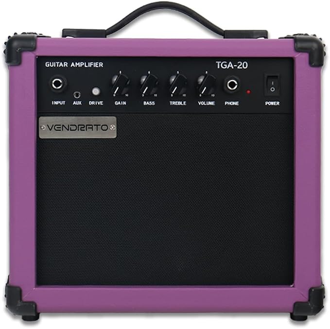 Electric Guitar Amplifier 20W Guitar Amp Purple Color Portable Practice 6.5Inch Speaker Aux Drive Gain Bass Treble Volume Headphone Multi Function Suitable for Beginner Starter in Home Or Outdoor