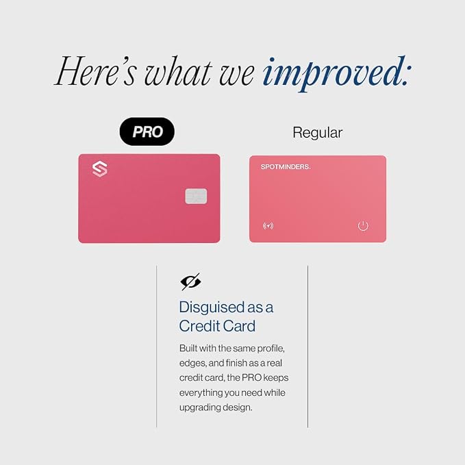 SPOTMINDERS Apple MFi Certified Credit Card Wallet Tracker PRO Pink (iOS Only) Travel Essentials for Women Works with Apple Find My Rechargeable Tracking Card IP68 0.07in Slim Item Finder for Passport