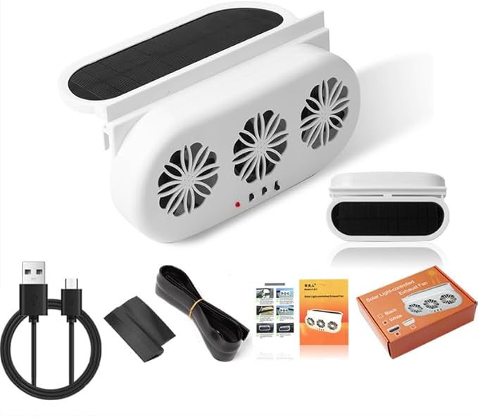 Solar Powered Exhaust Fan for Car Window - Vehicle Ventilation Fan with Three Air Outlet (White)