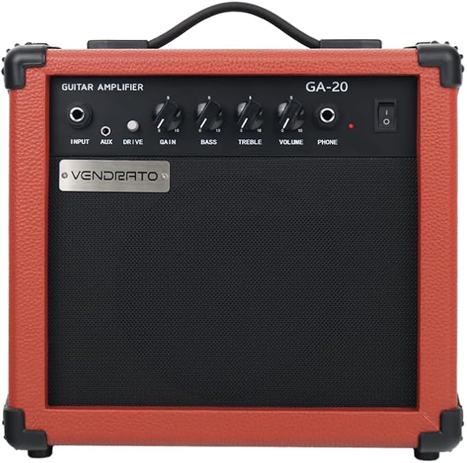Electric Guitar Amplifier 20w amp Brown Color gain bass Treble 3.5mm aux in Drive 6.5mm Guitar Input Headphone Portable for Beginner Starter Practice Travel amp noiseless Cable Pick and Adapter in