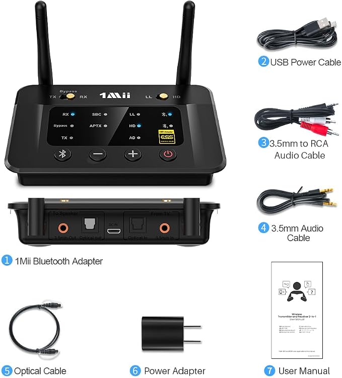 1Mii B03Pro Bluetooth 5.3 Transmitter Receiver for TV Home Stereo, Wireless Audio Adapter with Audiophile DAC & aptX Low Latency/HD/Adaptive, Volume Control, Dual Link, Optical RCA AUX Outputs/Inputs