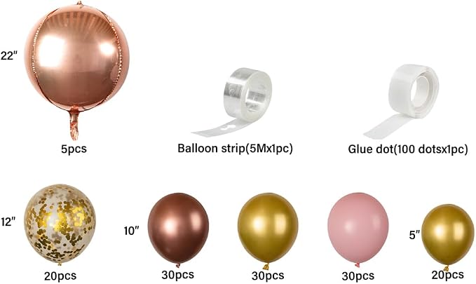 Restaurantware-Balloonify Balloon Garland Set, 1 Party Decoration Kit - 135 Balloons, With Chain, Pink & Gold Latex Balloon Arch Kit, Includes Glue Dots