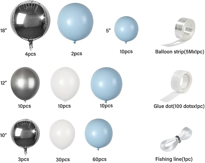 Restaurantware-Balloonify Balloon Garland Set, 1 Party Decoration Kit - 139 Balloons, With Chain, Blue, White, & Silver Latex Balloon Arch Kit, Includes Glue Dots