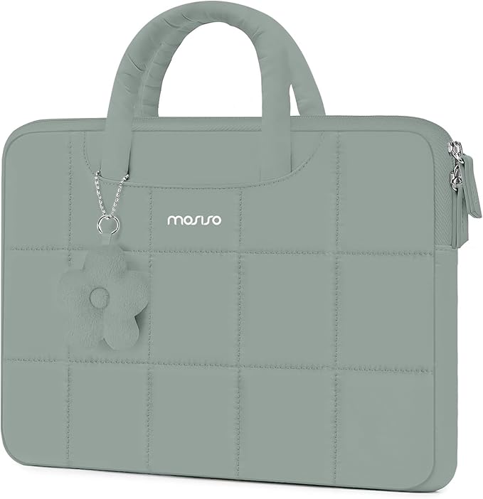 MOSISO Laptop Case 13.3 inch,13-13.3 inch Puffy Laptop Sleeve Compatible with MacBook Air 13 13.6/Pro/Neo 13/Pro 14,HP Dell ASUS Lenovo,Rectangle Quilted Bag with Handle&Flower Pendant, Antique Green