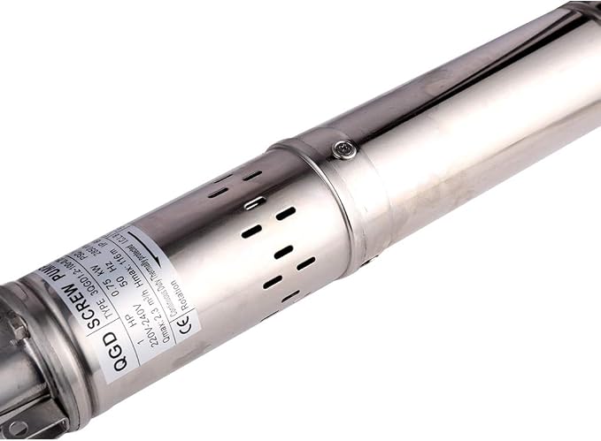 1HP 3" OD Pipe Stainless Steel Submersible Deep Well Pump 328FT 1" Outlet 0.75KW 80mm Bore Screw Water Pumps for Industrial and Home Garden Use,220V/50Hz
