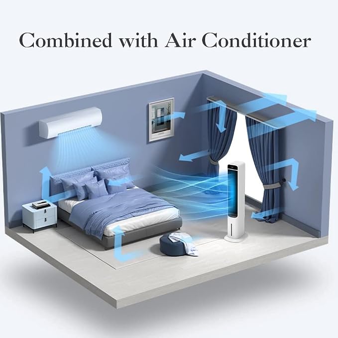 2-In-1 Evaporative Air Cooler Portable Windowless Air Conditioner Fan with Remote Control, Air Cooling Fan with 4 Ice Packs, 12H Timer, 50° Oscillation, 3 Speed Tower Fan for Home, Office