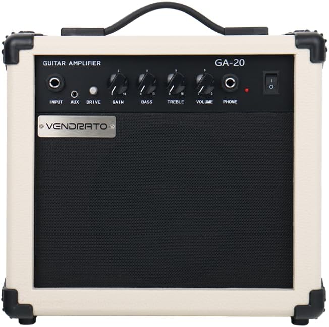 Electric Guitar Amplifier 20w amp Cream White Color gain bass Treble 3.5mm aux in Drive 6.5mm Guitar Input Headphone Portable for Beginner Starter Practice Travel amp noiseless Cable Pick and Adapter