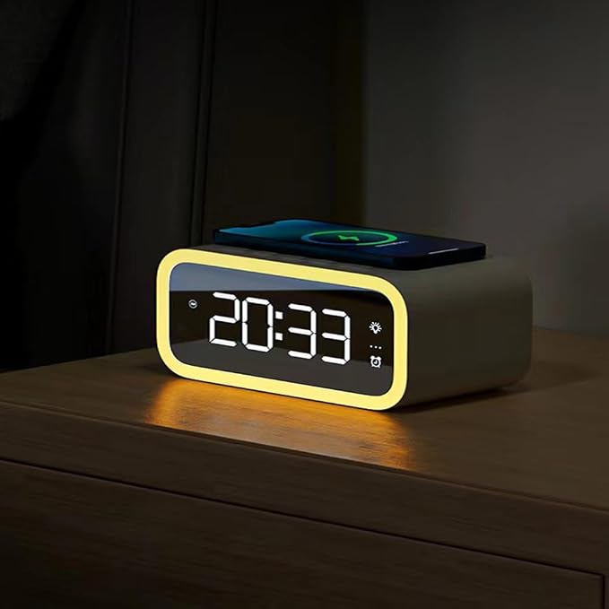 AYI 4in1 Smart Wireless Charging Alarm Clock with Mirror Display | 15W Fast Charger for Phone & Earbuds, 3 Group Alarms, Warm White/Yellow Night Light, Temperature Display Extra USB Port-White