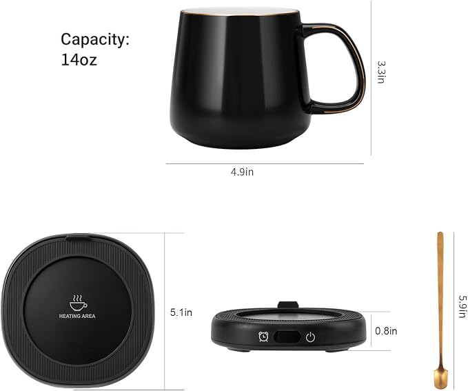 Coffee Mug Warmer & Simple Pure Black Mug Set, Electric Cup Warmer with Auto Shut Off, 4 Temperature Setting Smart Beverage Warmer, 8-Hours Auto Shut Off (Simple Pure Black Mug)