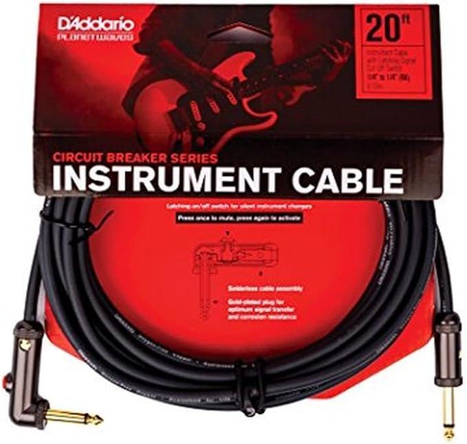 D'Addario Guitar Cable - Guitar Lead - Circuit Breaker Cable - Latching Cut-Off Switch to Mute When Changing Instrument - 20 Feet/7.62 Meters - Straight Ends/Right Angle - 1 Pack