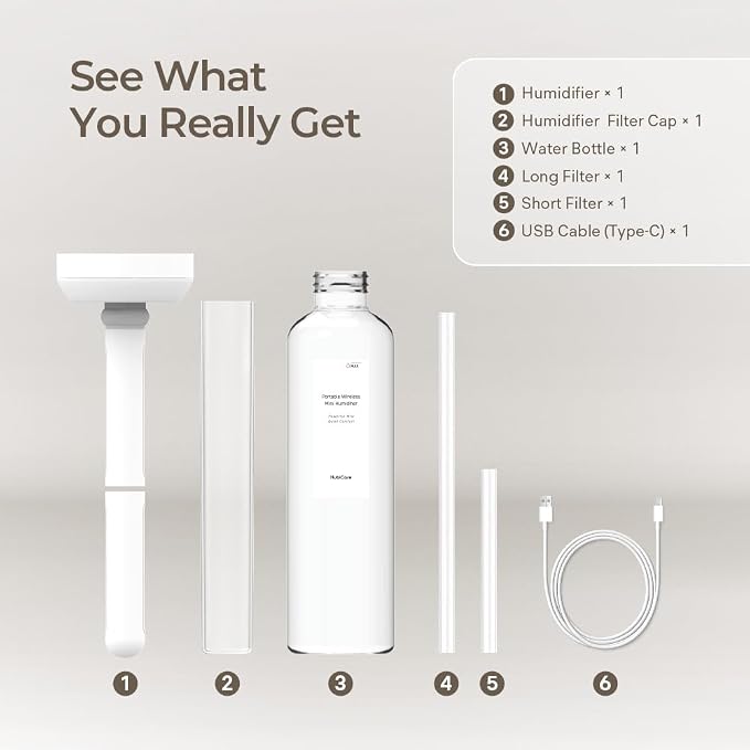 HubiCare Mini Humidifier, Portable Wireless Humidifier for Travel, USB-C Rechargeable Personal Mist Maker with Adjustable Length, Quiet 28dB, Leak-Resistant Design for Car, Bedroom, Office