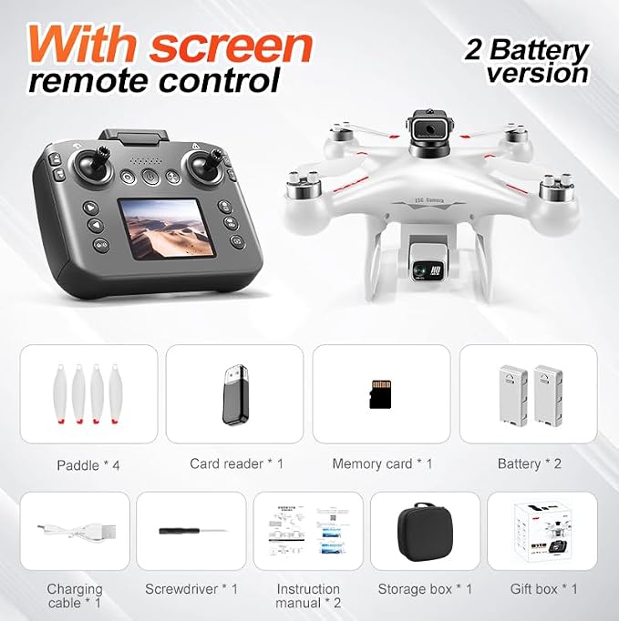 Hobby RC Drone with Screen-equipped Remote Controller, Dual Cameras & Optical Flow Positioning. Built with 6-Channel Gyro and Brushless Motor. Features Headless Mode, Hovering, One-Key Takeoff and Altitude Hold. Comes with 2 Batteries. Easy-to-operate ...