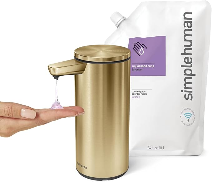 simplehuman Essential Hand Care Duo - 9 oz. Sensor Soap Pump Dispenser with 34 oz. Lavender Refill Pack, Brass Stainless Steel