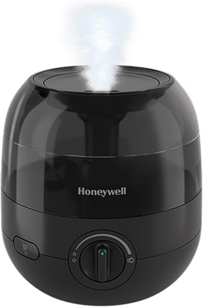 Honeywell Small Compact Ultrasonic Mini Cool Mist Humidifier with Adjustable Mist Control and Essential Oil Tray for Indoor Humidity, Black