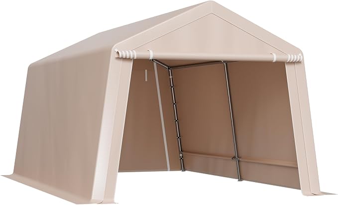 VEVOR 10 x 15 ft Outdoor Storage Shed Tent with Heavy-Duty Steel Frame, 2 Roll-Up Doors & Air Vents, Waterproof Portable Garage Carport Shelter for Motorcycle, Lawn Mower, Garden Tools, Beige