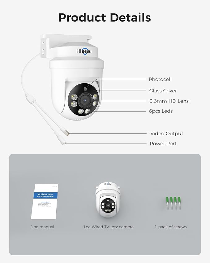Hiseeu 5MP HD-TVI Dome PTZ Home Surveillance Cameras with 355° pan and 90° tilt,100ft IR Night Vision,IP67 Weatherproof Wired Security Camera for Indoor Outdoor Security Replacement Camera 1PCS