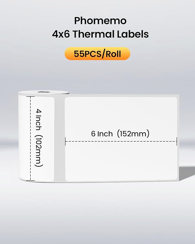 Phomemo Portable 4 Inch Thermal Label Printer with 55PCS White 4"x6" Thermal Labels