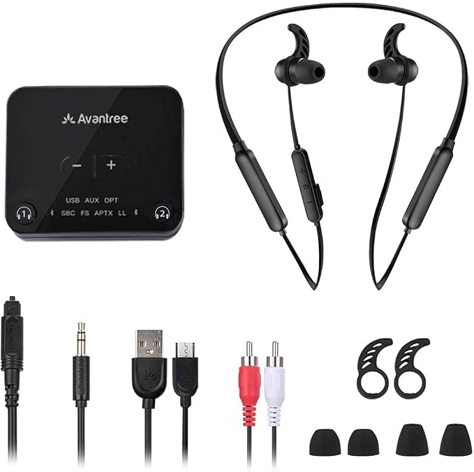 Avantree HT4186 Wireless Headphones Earbuds for TV Watching, Neckband Earphones Set w/Bluetooth Transmitter for Optical Digital Audio, RCA, 3.5mm Aux Ported TVs, Plug & Play, No Audio Delay