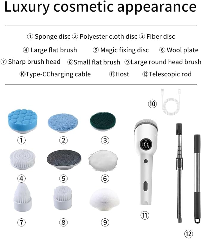 Electric Spin Scrubber, 360 Degrees 3 Speeds Power Cordless Shower Scrubber with 8 Replaceable Brush Heads and Adjustable Extension Arm for Bathroom Floor Shower Bathtub Glass