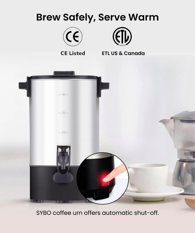 SYBO SR-CP30C Commercial Grade Stainless Steel Percolate Coffee Maker, Hot Water Urn for Catering, Hot Beverage Dispenser, 30-Cup, 3.5L, Metallic