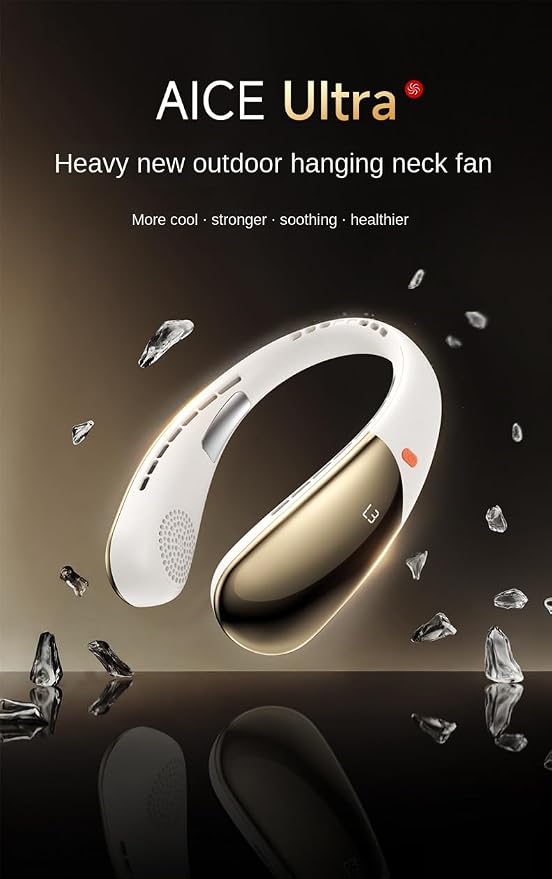 AICE Ultra Neck Fan, Portable Cooling Fan with LED Display, 6-Speed, 3000mAh Battery, White & Champagne Gold