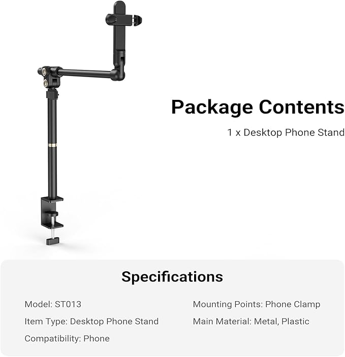 NEEWER Basics Overhead Phone Mount Holder Stand, Metal Desk Tripod Camera Rig Compatible with iPhone Android Samsung for Cooking Makeup Drawing Vlogging Live Streaming Filming Video Recording, ST013