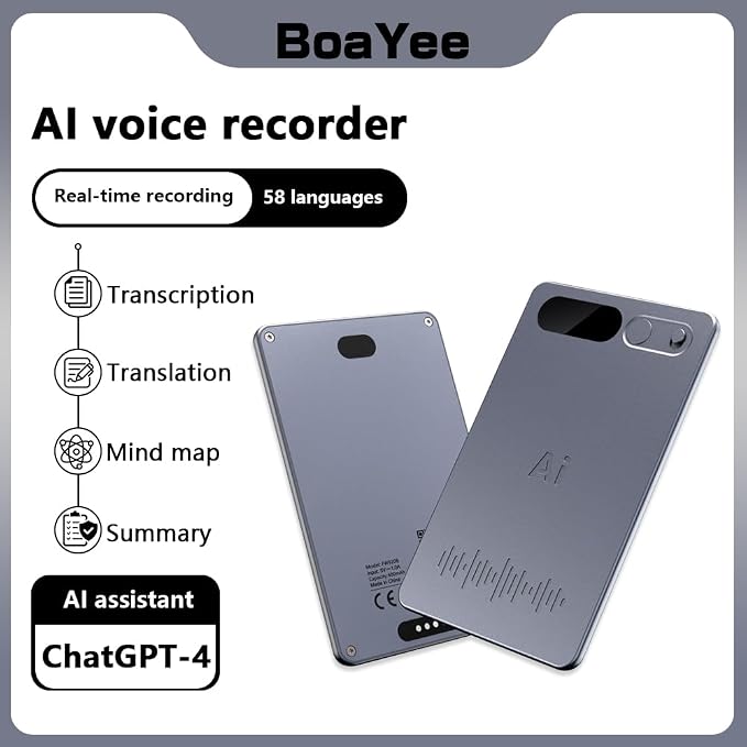 Voice Recorder with Black Case, AI Powered Transcription & Summary, Multiple Language Support, App Control, 64GB Storage, Meeting Friendly