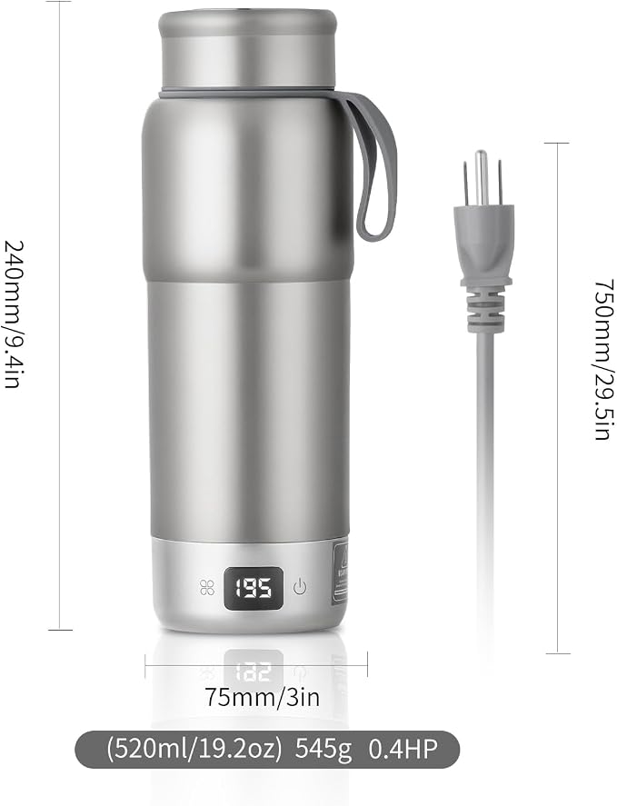 ZING TTI Pure titanium Electric Heated Travel Kettle,17.5 oz,Double-layer vacuum, Portable Electric Kettle, Adjustable Multi-Temperature Settings, 100V-240V Compatible, Grayl Water Bottle.
