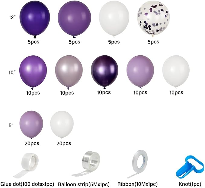 Restaurantware-Balloonify Balloon Garland Set, 1 Party Decoration Kit - 110 Balloons, With Chain, Confetti Purple & White Latex Balloon Arch Kit, Includes Glue Dots, Ribbon & Knot