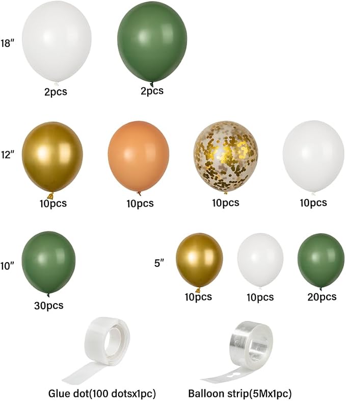 Restaurantware-Balloonify Balloon Garland Set, 1 Party Decoration Kit - 114 Balloons, With Chain, Green, White, & Gold Latex Balloon Arch Kit, Includes Glue Dots