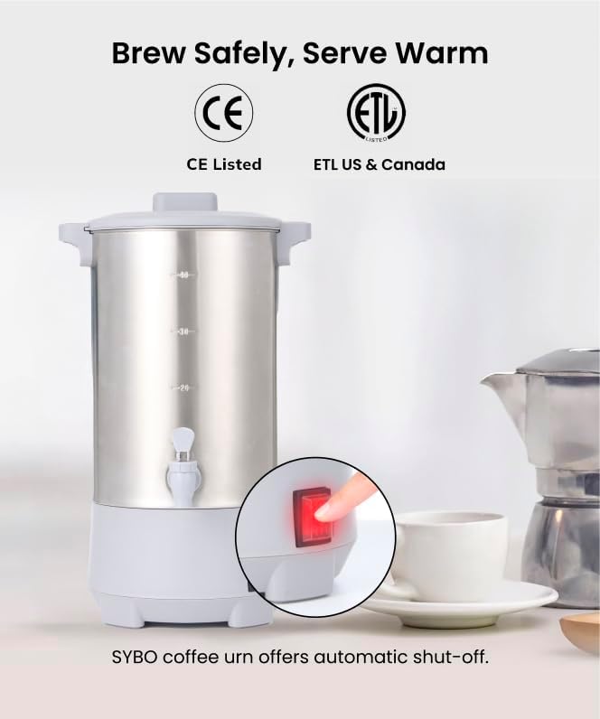 SYBO 45 Cup Coffee Urn, 6L Commercial Stainless Steel Coffee Maker & Hot Water Dispenser, Fast Brewing Percolator with Removable Filter, Easy Clean, Cool-Touch Handles, Catering, Office & Events, Grey