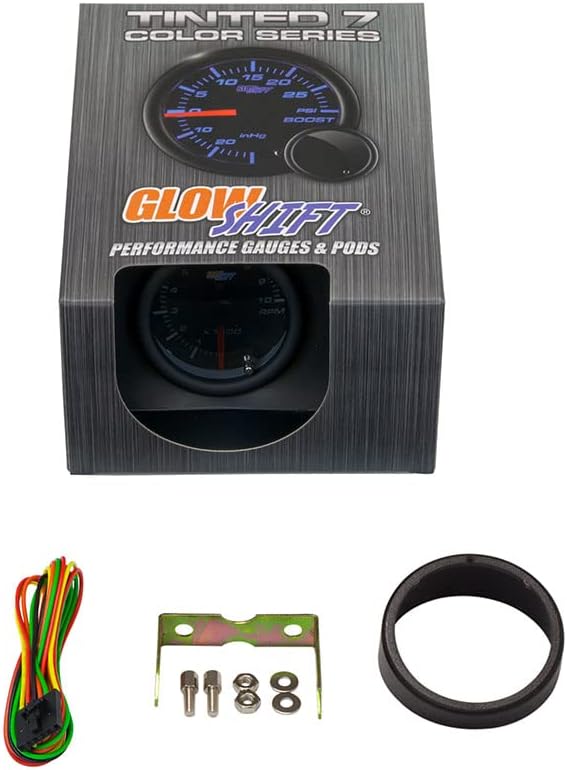 GlowShift Tinted 7 Color 10,000 RPM Tachometer Tach Gauge - for 1-10 Cylinder Gas Powered Vehicle Engines - Includes Wiring - Multi-Color Display - Black Dial - Smoked Lens - 2-1/16" 52mm