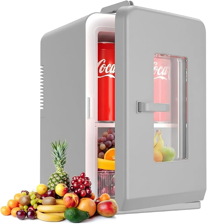 Mini Fridge for Bedroom, 15 Litre/21 Cans Portable Mini Refrigerator with AC/DC Power for Office and Car, Thermoelectric Electric Cooler & Warmer Skincare Fridge for Drinks, Food, Cosmetics, Gray